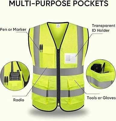 جلیقه ایمنی بازتابنده، جلیقه کار ساختمانی، جلیقه توری دید بالا کلاس II برای زنان و مردان، مطابق با استاندارد ANSI/ISEA (سبز)