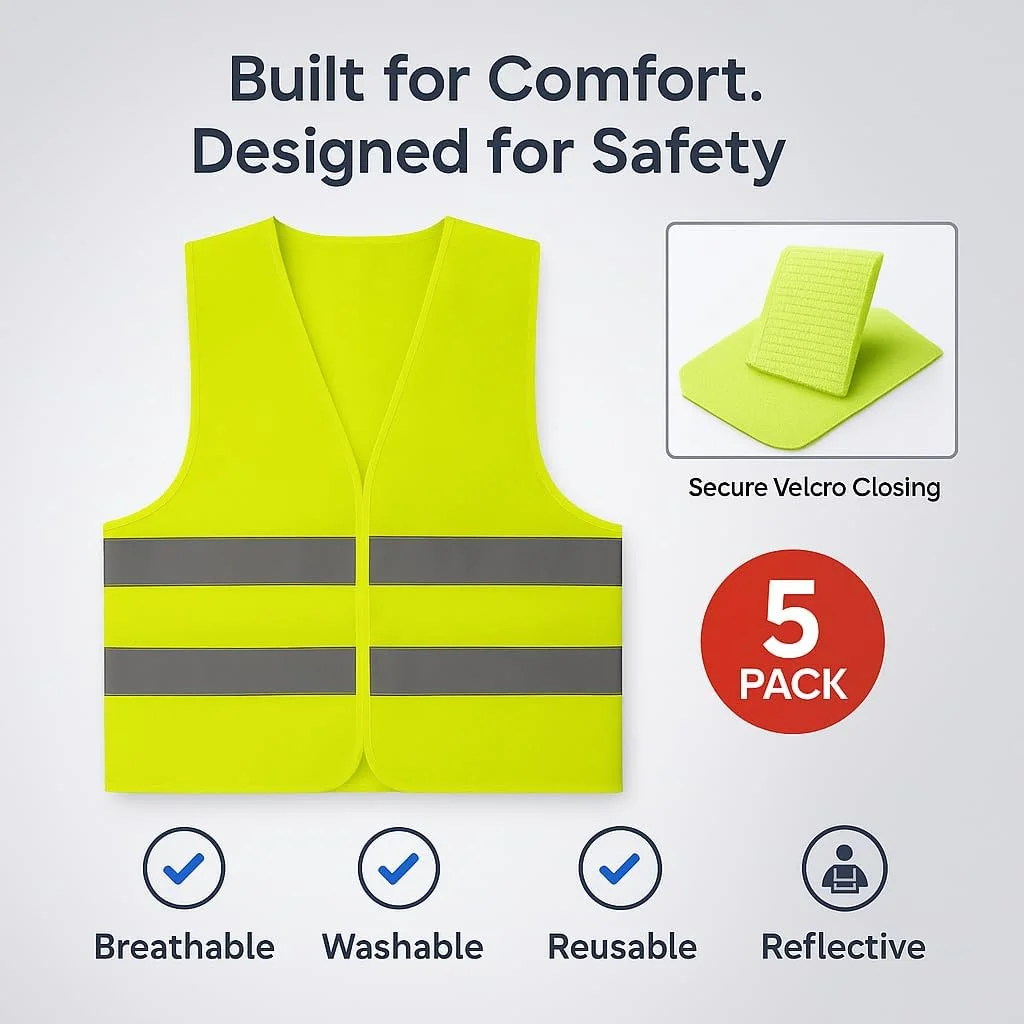 جلیقه ایمنی بازتابنده مدار سبز، بسته 5 عددی، توری سبک وزن دید بالا برای مردان و زنان، ژاکت های تنفسی Hi Vis با نوارهای 360 درجه، ایده آل برای ساخت و ساز، کنار جاده، انبار، دوچرخه سواری