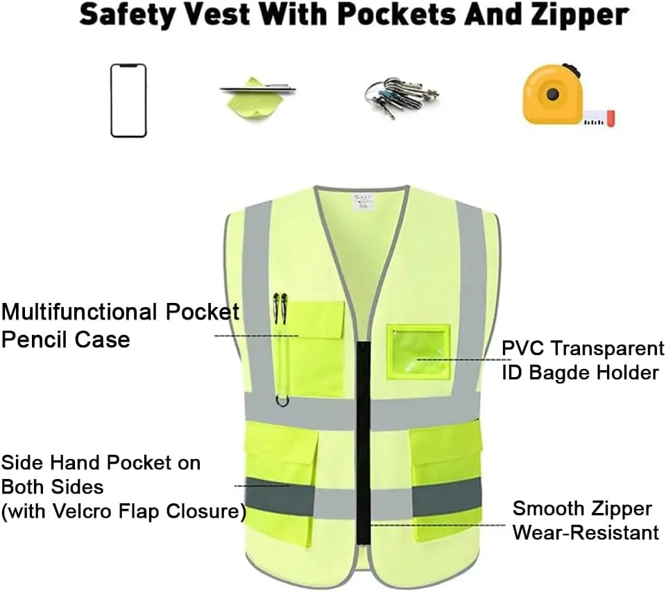 جلیقه بازتابنده لباس کار، دید بالا، جلیقه ایمنی هشدار دهنده روز و شب، لباس ایمنی ساختمانی کلاس 2 ANSI با 5 جیب و زیپ