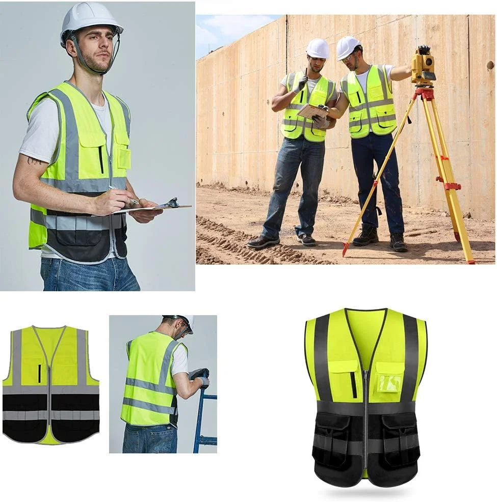 جلیقه ایمنی بازتابنده دید بالا Lixada-1 Lixada جلیقه بازتابنده چند جیب لباس کار لباس کار امنیتی لباس کار روز شب موتور سیکلت دوچرخه سواری جلیقه ایمنی هشدار دهنده