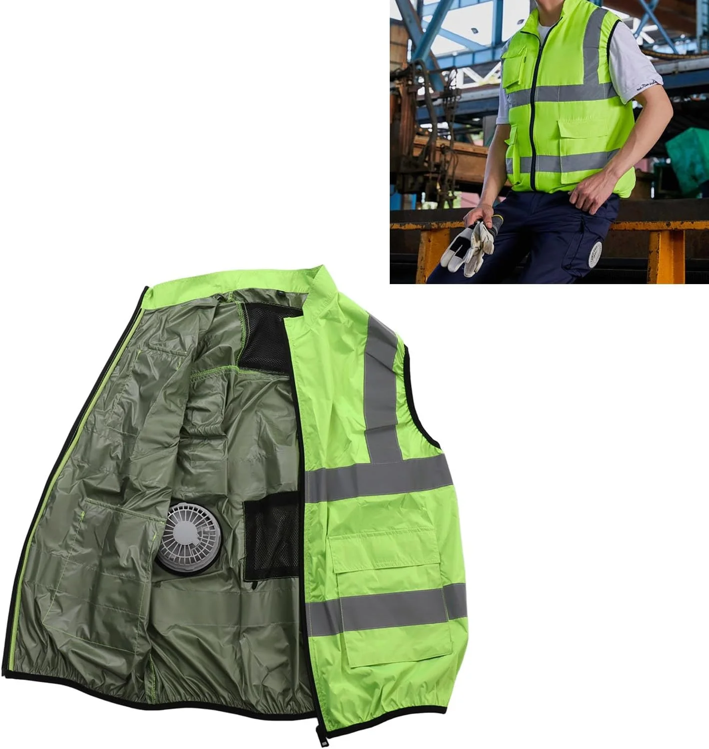 جلیقه خنک کننده BROLEO، جلیقه ایمنی، جلیقه یخی تهویه مطبوع با 2 فن، نوار بازتابنده، جلیقه خنک کننده شخصی برای کار در هوای گرم، دویدن، آشپزی، ماهیگیری