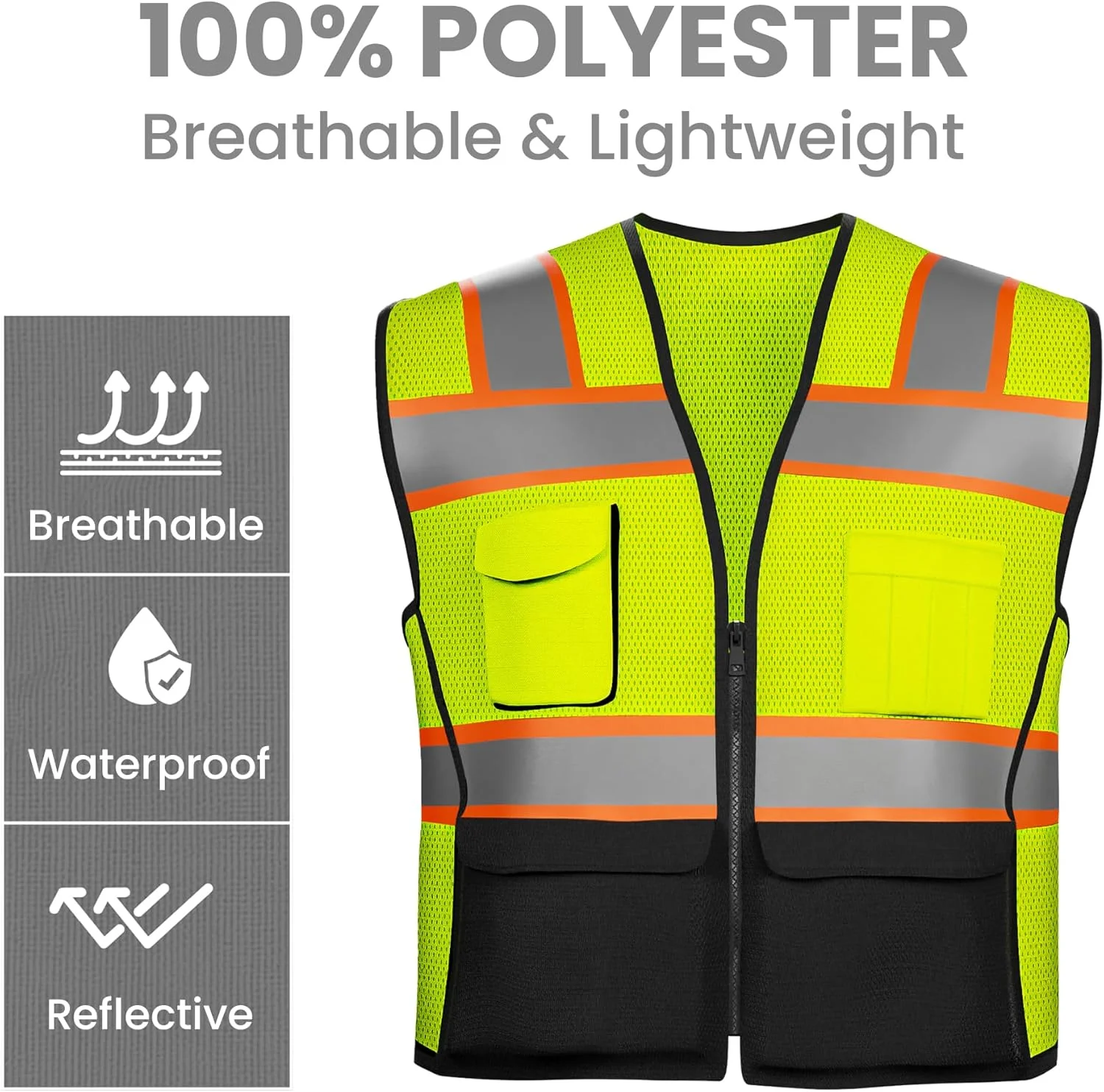 جلیقه ایمنی بازتابنده با جیب و زیپ، جلیقه ایمنی سنگین با دید بالا، توری ساخته شده با نوار بازتابنده