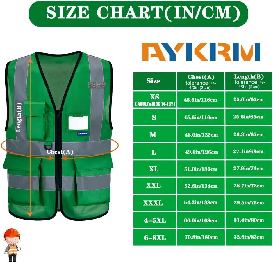 جلیقه ایمنی بازتابنده دید بالا AYKRM با جیب های متعدد برای مردان و زنان - ساخت و ساز، کار و موارد دیگر