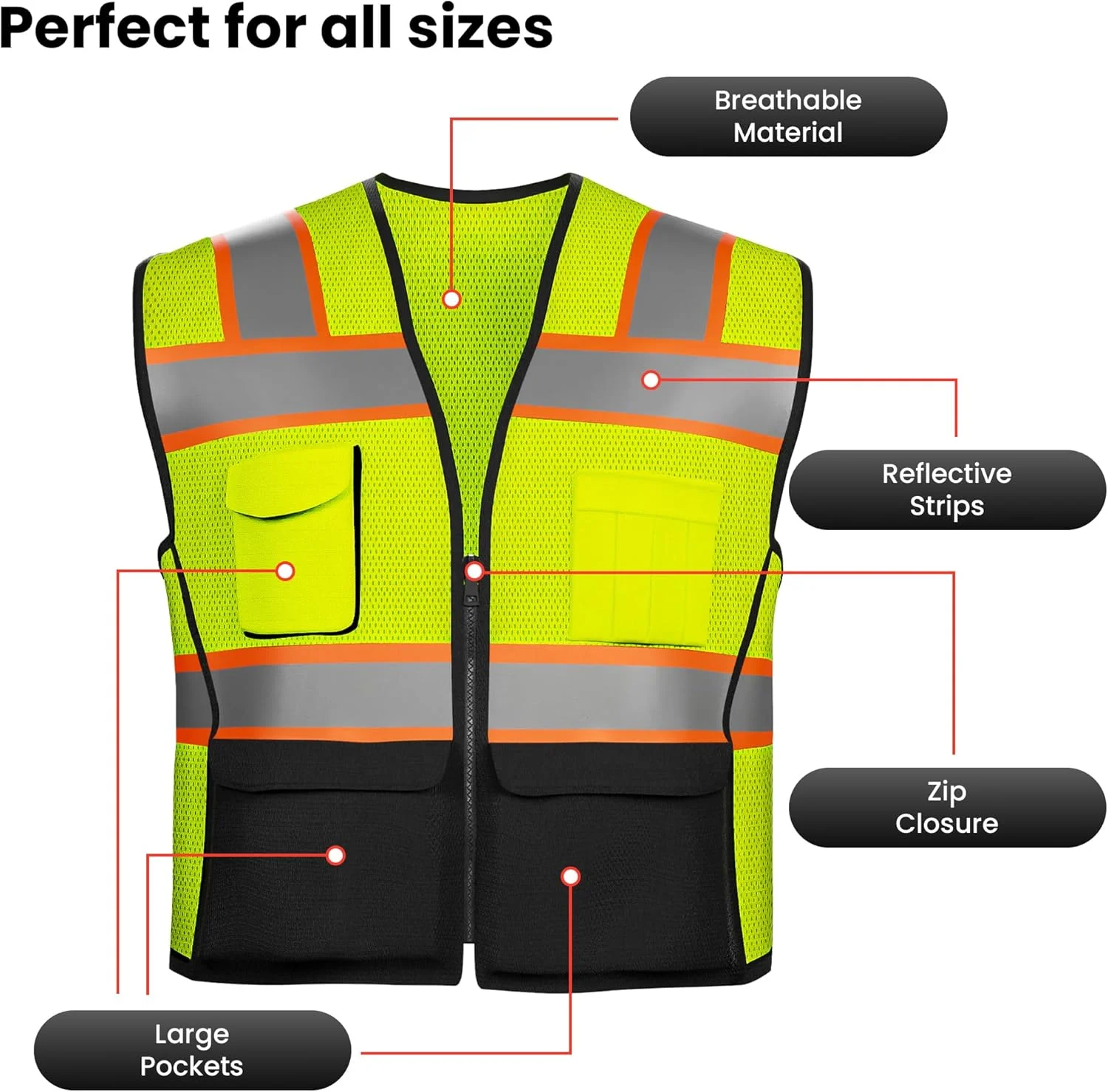 جلیقه ایمنی بازتابنده با جیب و زیپ، جلیقه ایمنی سنگین با دید بالا، توری ساخته شده با نوار بازتابنده