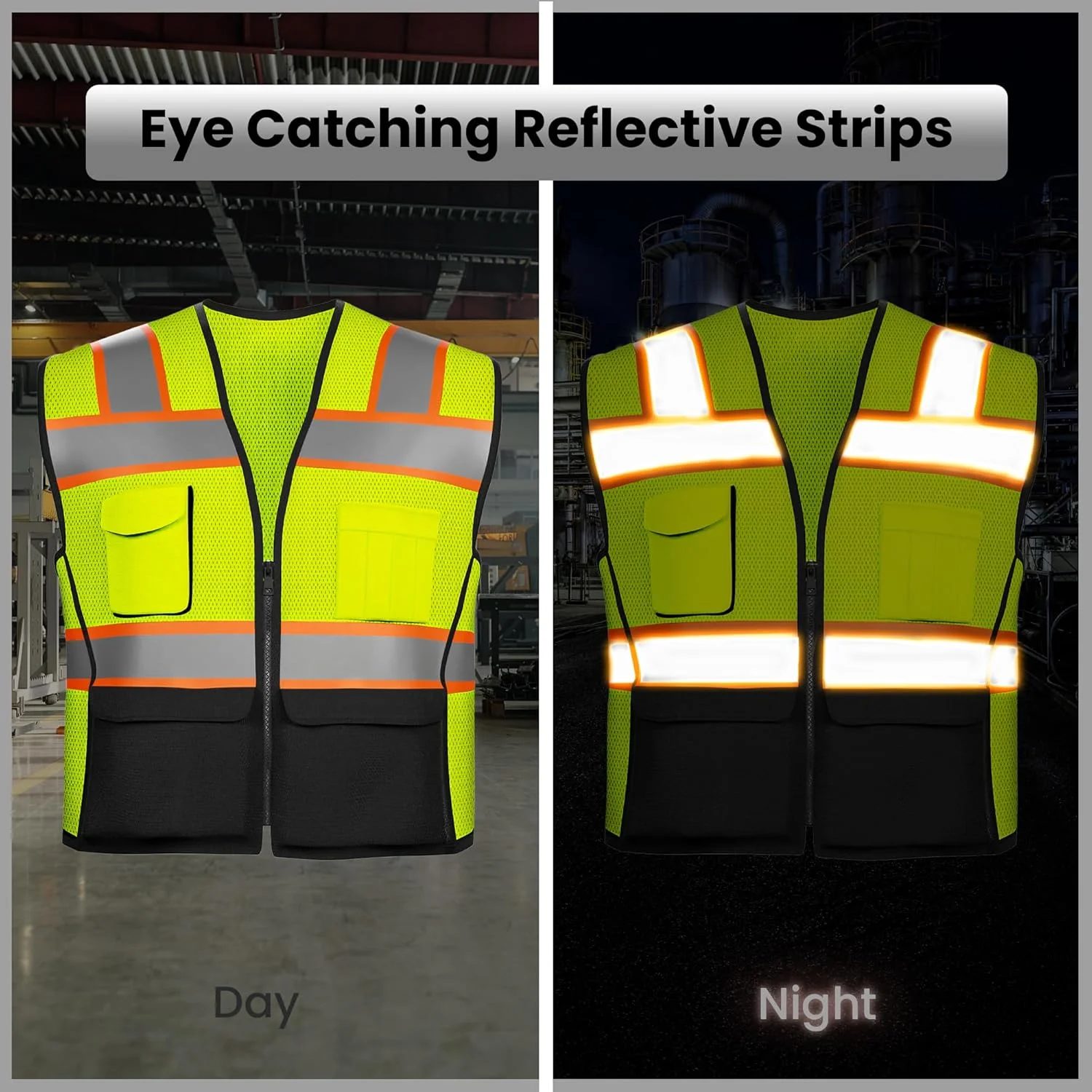 جلیقه ایمنی بازتابنده با جیب و زیپ، جلیقه ایمنی سنگین با دید بالا، توری ساخته شده با نوار بازتابنده