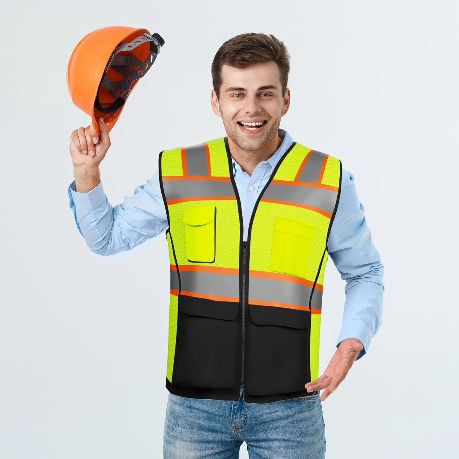 جلیقه ایمنی بازتابنده با جیب و زیپ، جلیقه ایمنی سنگین با دید بالا، توری ساخته شده با نوار بازتابنده