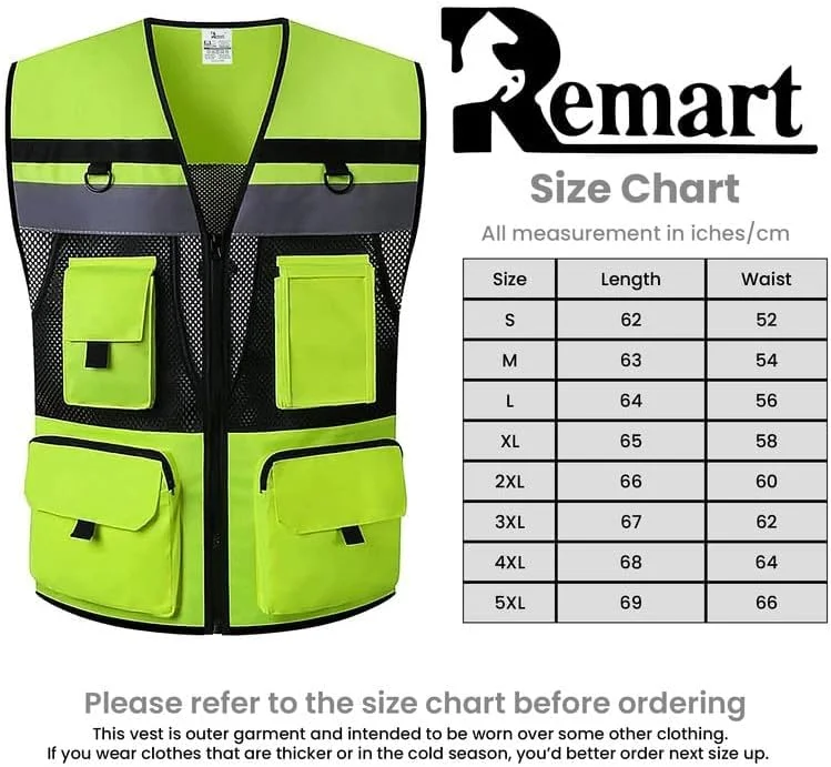 جلیقه ایمنی بازتابنده Remart با جیب، دید بالا، هشدار روز و شب، جلیقه ایمنی سنگین با بست زیپی