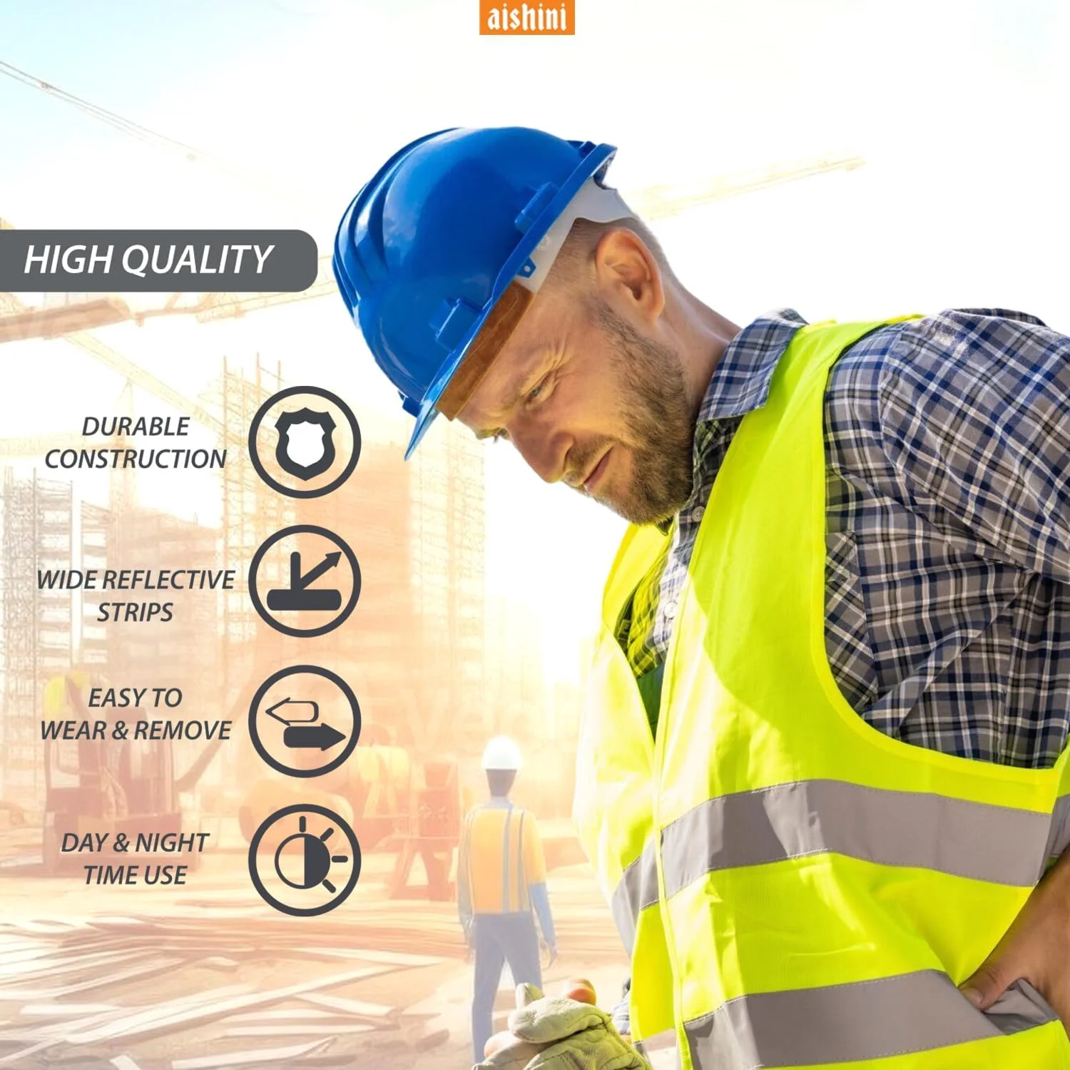 جلیقه ایمنی بازتابنده آیشینی، ژاکت هشدار دهنده تنفسی با دید بالا، رنگ نئون روشن با 4 نوار بازتابنده 2 اینچی، جیب های کاربردی و بسته شدن زیپ، زرد با دید 360 درجه (سایز آزاد)