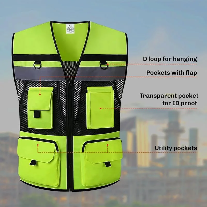 جلیقه ایمنی بازتابنده Remart با جیب، دید بالا، هشدار روز و شب، جلیقه ایمنی سنگین با بست زیپی