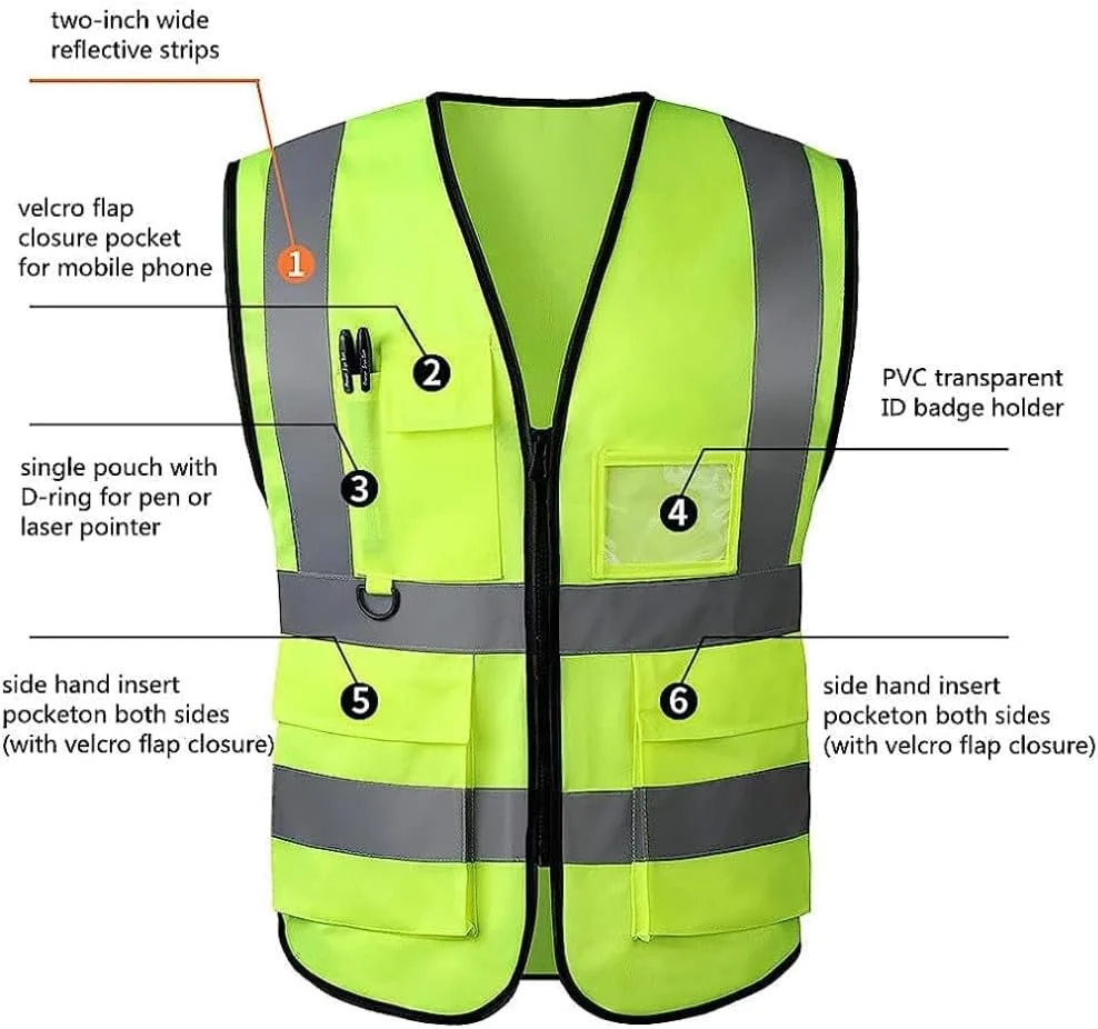 جلیقه ایمنی بازتابنده YU WELL با دید بالا، تنفس پذیر، مناسب برای روز و شب، دارای زیپ و 5 جیب برای ساخت و ساز، ترافیک، و ایمنی دوچرخه سواری جلیقه ایمنی بازتابنده YU WELL با دید بالا، تنفس پذیر، مناسب برای روز و شب، دارای زیپ و 5 جیب برای ساخت و ساز، ترافیک، و ایمنی دوچرخه سواری