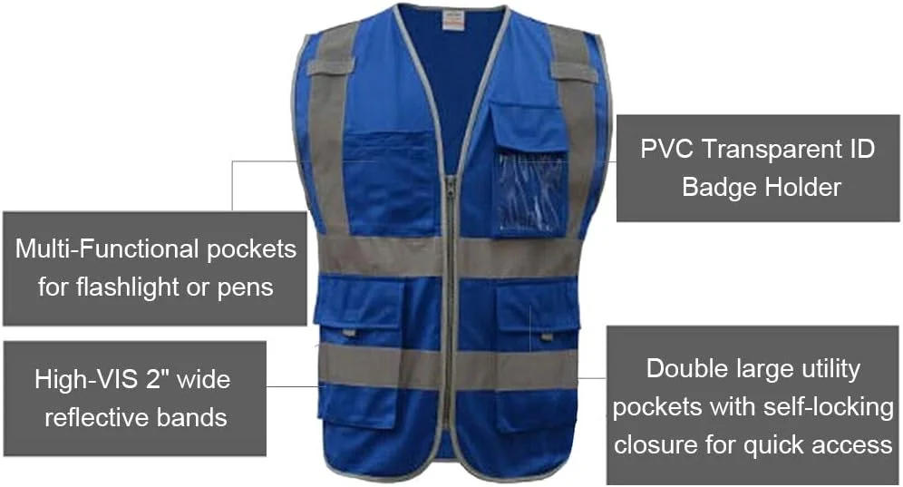 جلیقه ایمنی زیپ دار دید بالا GOGO با 9 جیب و نوارهای بازتابنده، مطابق با استانداردهای ANSI