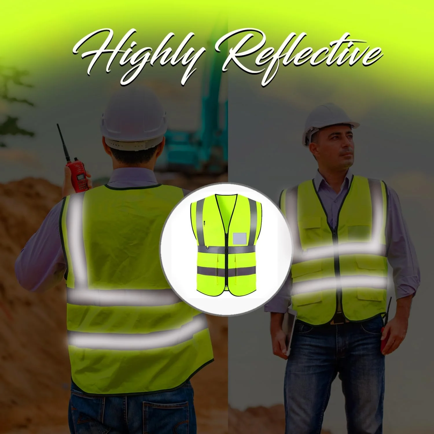 جلیقه ایمنی بازتابنده آیشینی، ژاکت هشدار دهنده تنفسی با دید بالا، رنگ نئون روشن با 4 نوار بازتابنده 2 اینچی، جیب های کاربردی و بسته شدن زیپ، زرد با دید 360 درجه (سایز آزاد)