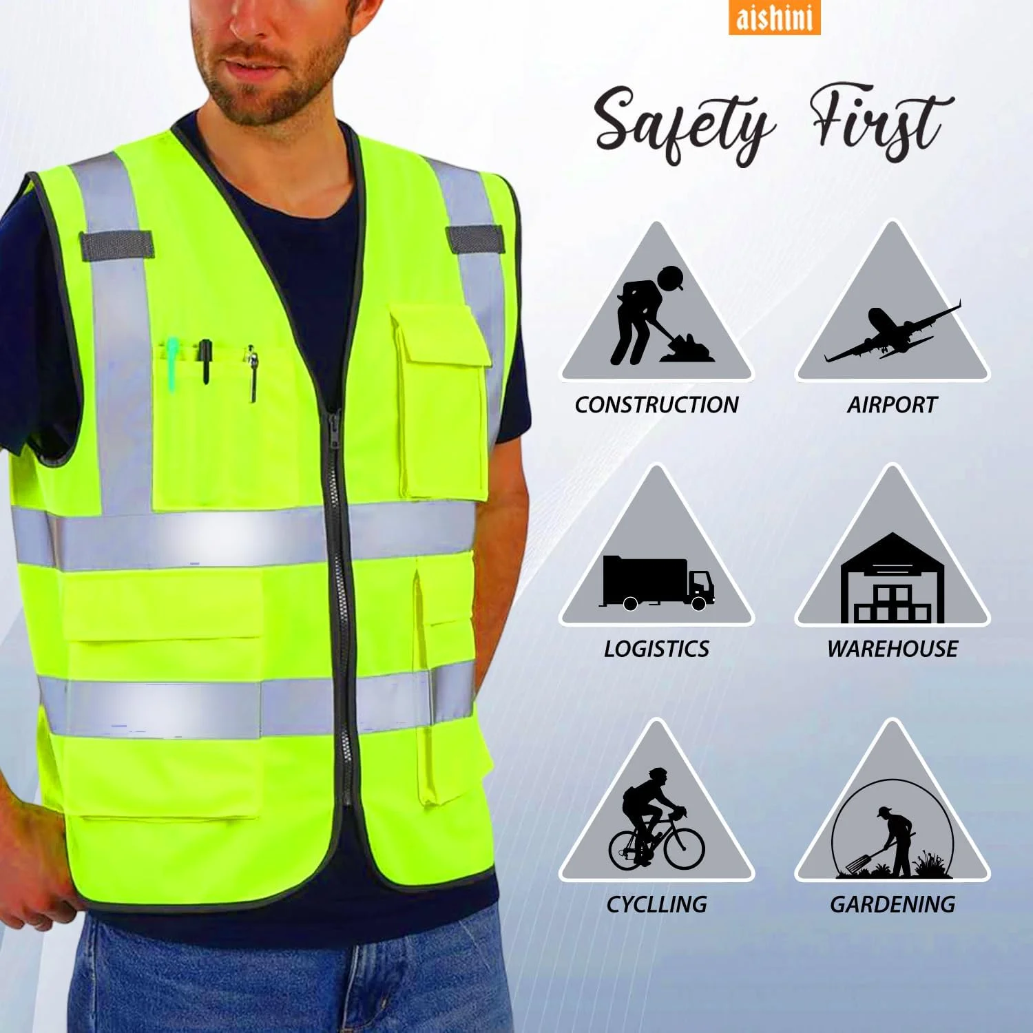 جلیقه ایمنی بازتابنده آیشینی، ژاکت هشدار دهنده تنفسی با دید بالا، رنگ نئون روشن با 4 نوار بازتابنده 2 اینچی، جیب های کاربردی و بسته شدن زیپ، زرد با دید 360 درجه (سایز آزاد)