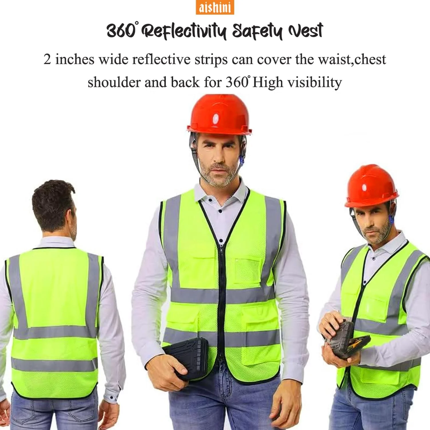 جلیقه ایمنی بازتابنده آیشینی، ژاکت هشدار دهنده تنفسی با دید بالا، رنگ نئون روشن با 4 نوار بازتابنده 2 اینچی، جیب های کاربردی و بسته شدن زیپ، زرد با دید 360 درجه (سایز آزاد)
