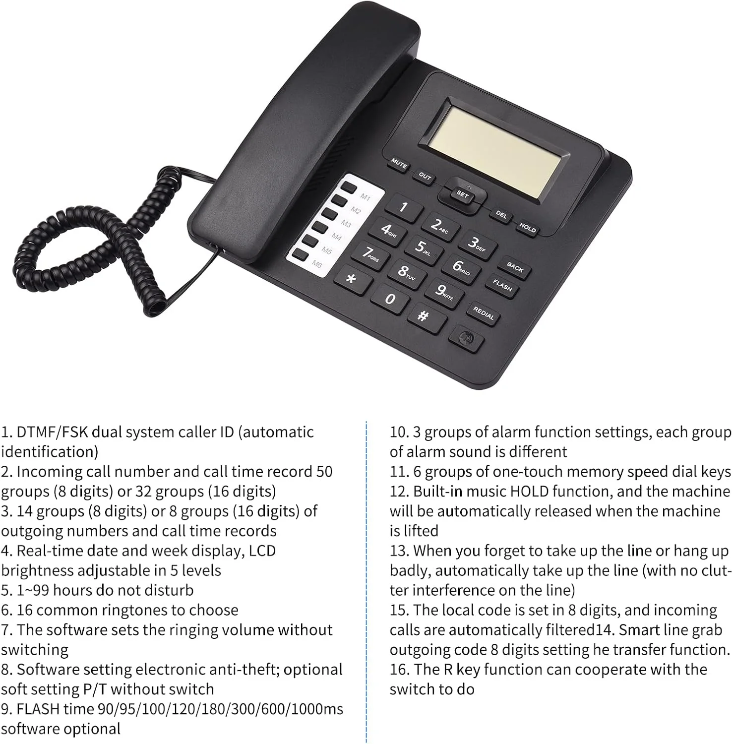 تلفن رومیزی سیم دار مشکی Morelian، تلفن ثابت با سیستم دوگانه DTMF/FSK، پشتیبانی از حالت هندزفری/ شماره گیری مجدد/Flash/ شماره گیری سریع/ کنترل حجم صدای زنگ، دارای تراشه IC داخلی، صدای با کیفیت بالا، نمایش زمان واقعی تاریخ برای سالمندان تلفن رومیزی سیم دار مشکی Morelian، تلفن ثابت با سیستم دوگانه DTMF/FSK، پشتیبانی از حالت هندزفری/ شماره گیری مجدد/Flash/ شماره گیری سریع/ کنترل حجم صدای زنگ، دارای تراشه IC داخلی، صدای با کیفیت بالا، نمایش زمان واقعی تاریخ برای سالمندان