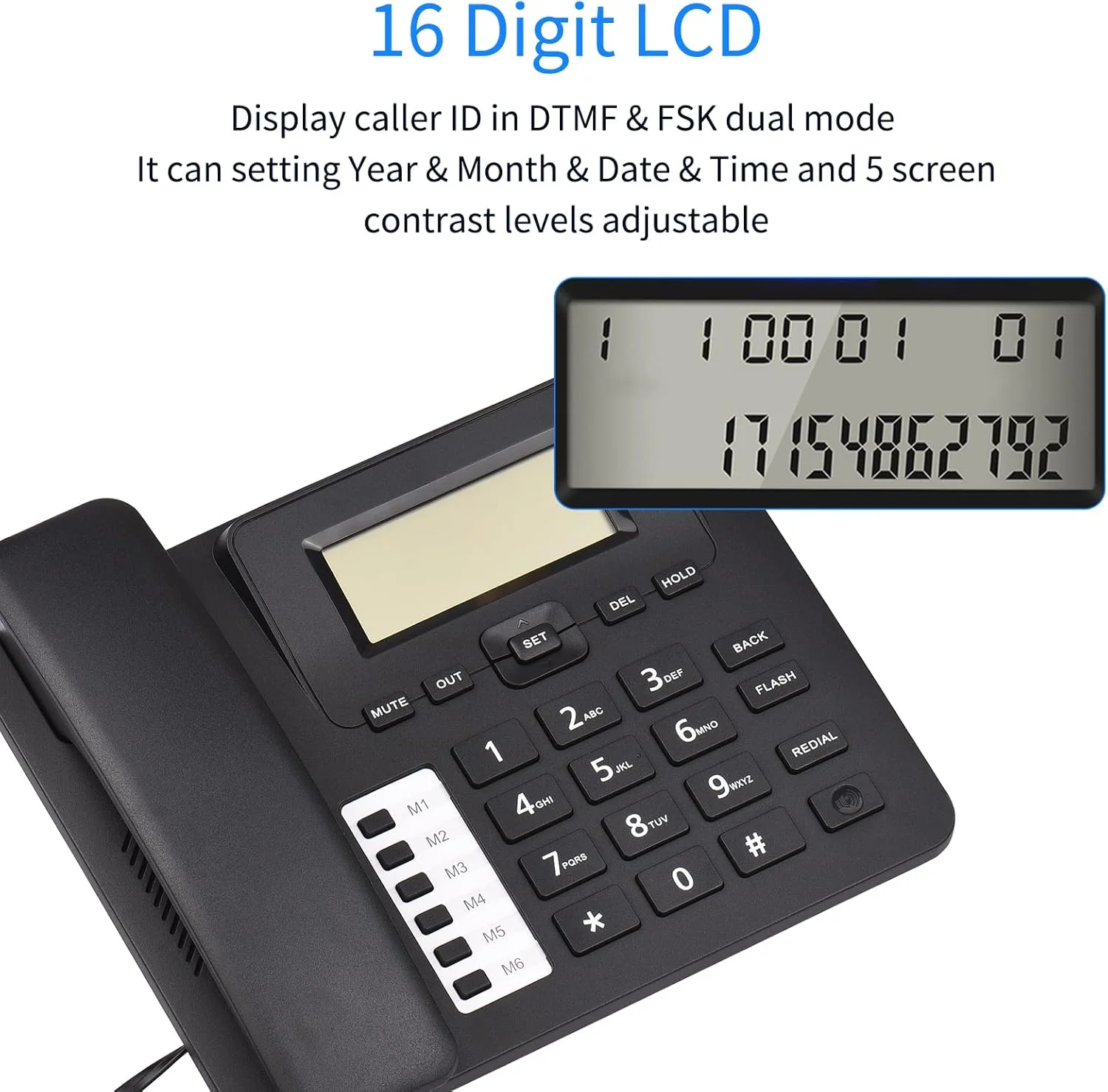 تلفن رومیزی سیم دار مشکی Morelian، تلفن ثابت با سیستم دوگانه DTMF/FSK، پشتیبانی از حالت هندزفری/ شماره گیری مجدد/Flash/ شماره گیری سریع/ کنترل حجم صدای زنگ، دارای تراشه IC داخلی، صدای با کیفیت بالا، نمایش زمان واقعی تاریخ برای سالمندان تلفن رومیزی سیم دار مشکی Morelian، تلفن ثابت با سیستم دوگانه DTMF/FSK، پشتیبانی از حالت هندزفری/ شماره گیری مجدد/Flash/ شماره گیری سریع/ کنترل حجم صدای زنگ، دارای تراشه IC داخلی، صدای با کیفیت بالا، نمایش زمان واقعی تاریخ برای سالمندان