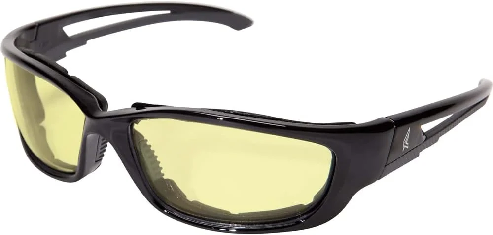 عینک ایمنی دورپیچ EDGE SK-XL112 Kazbek XL، ضد خش، ضد لغزش، UV 400، درجه نظامی، سازگار با ANSI/ISEA & MCEPS، سایز XL پهن، فریم مشکی/لنز زرد
