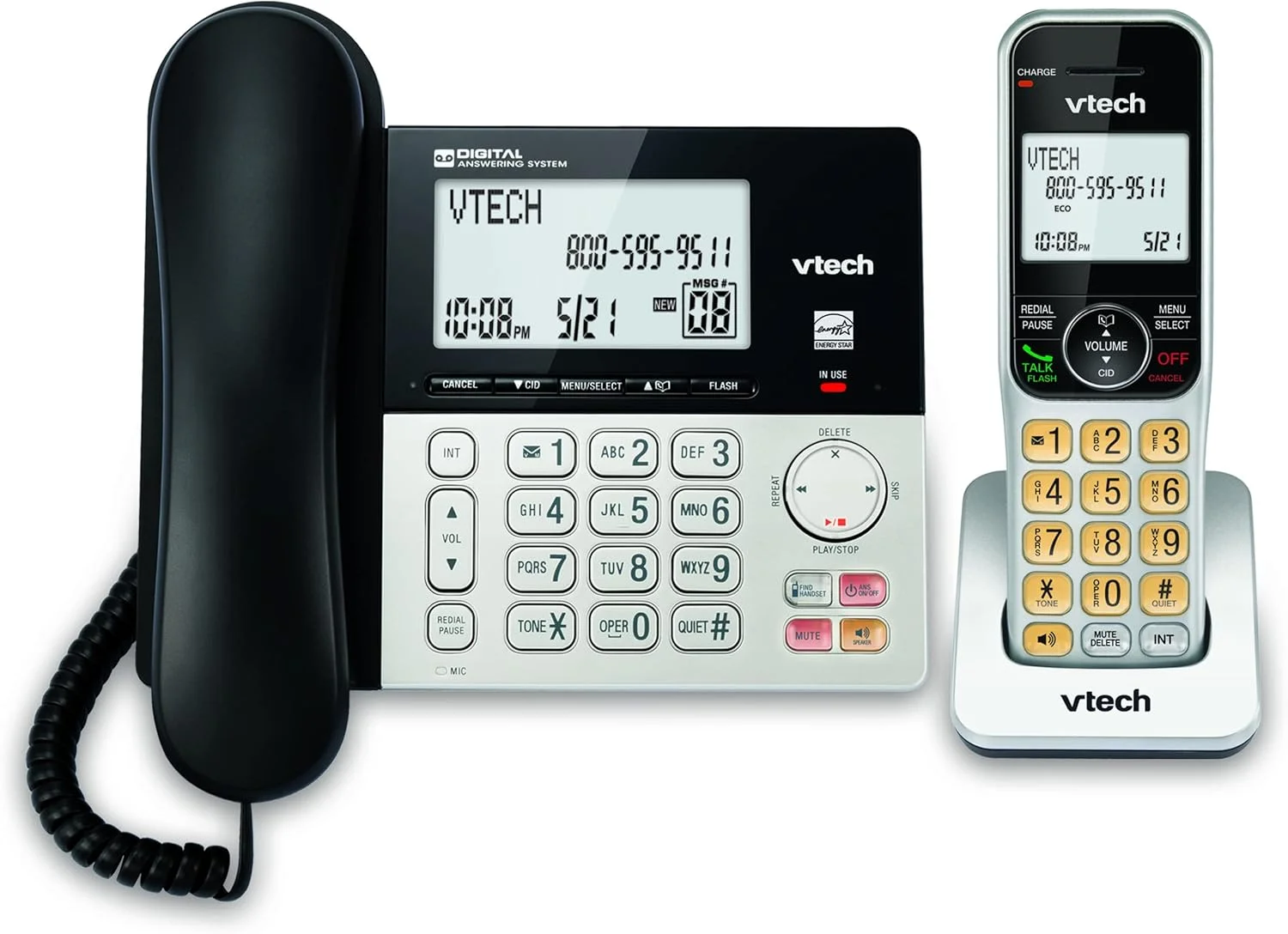 VTech VG208 DECT 6.0 Corded/Cordless Phone for Home with Answering Machine, Call Blocking, Caller ID, Large Backlit Display, Duplex Speakerphone, Intercom, Line-Power(Silver/Black) VTech VG208 DECT 6.0 Corded/Cordless Phone for Home with Answering Machine, Call Blocking, Caller ID, Large Backlit Display, Duplex Speakerphone, Intercom, Line-Power(Silver/Black)