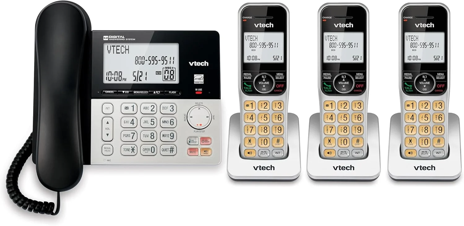 تلفن رومیزی/بی سیم 3 گوشی VTech VG208-3 DECT 6.0 برای منزل با منشی تلفنی، مسدود کردن تماس، نمایشگر شناسه تماس گیرنده، صفحه نمایش بزرگ با نور پس زمینه، بلندگوی دو طرفه، ارتباط داخلی، پشتیبان برق خط (نقره ای/مشکی) تلفن رومیزی/بی سیم 3 گوشی VTech VG208-3 DECT 6.0 برای منزل با منشی تلفنی، مسدود کردن تماس، نمایشگر شناسه تماس گیرنده، صفحه نمایش بزرگ با نور پس زمینه، بلندگوی دو طرفه، ارتباط داخلی، پشتیبان برق خط (نقره ای/مشکی)