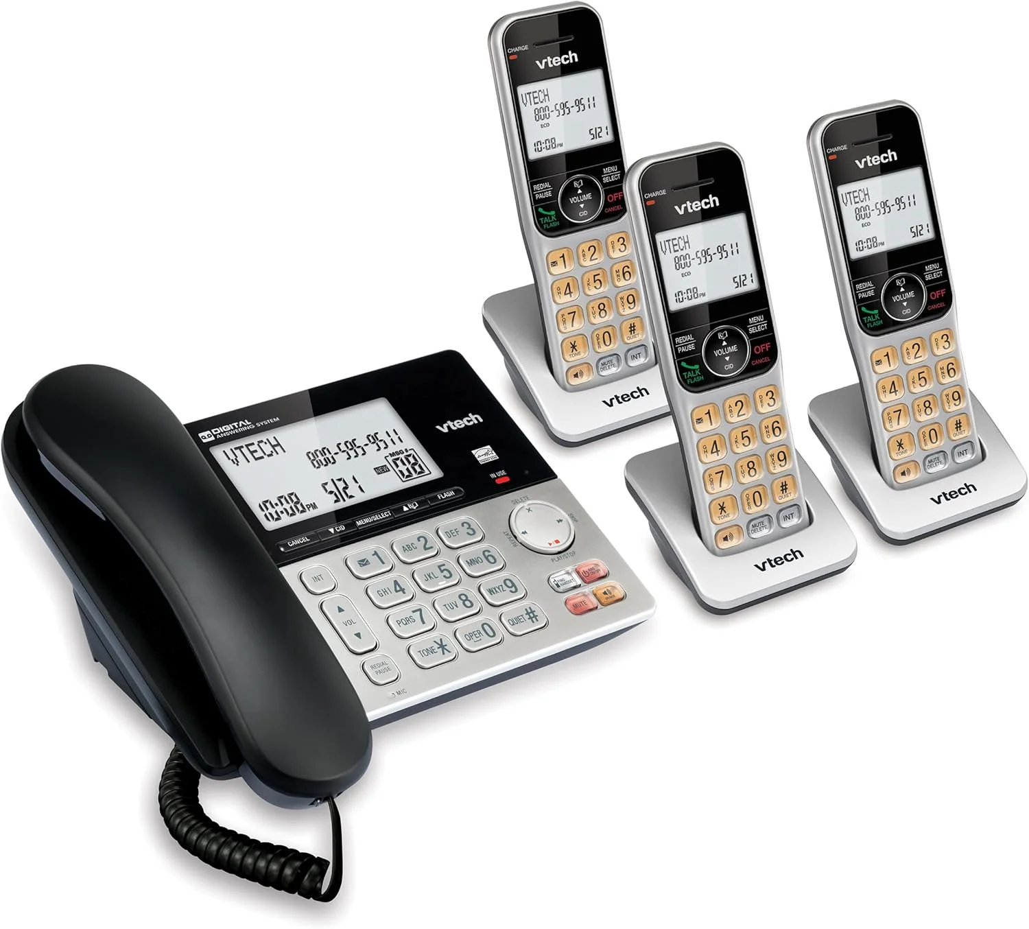 تلفن رومیزی/بی سیم 3 گوشی VTech VG208-3 DECT 6.0 برای منزل با منشی تلفنی، مسدود کردن تماس، نمایشگر شناسه تماس گیرنده، صفحه نمایش بزرگ با نور پس زمینه، بلندگوی دو طرفه، ارتباط داخلی، پشتیبان برق خط (نقره ای/مشکی) تلفن رومیزی/بی سیم 3 گوشی VTech VG208-3 DECT 6.0 برای منزل با منشی تلفنی، مسدود کردن تماس، نمایشگر شناسه تماس گیرنده، صفحه نمایش بزرگ با نور پس زمینه، بلندگوی دو طرفه، ارتباط داخلی، پشتیبان برق خط (نقره ای/مشکی)