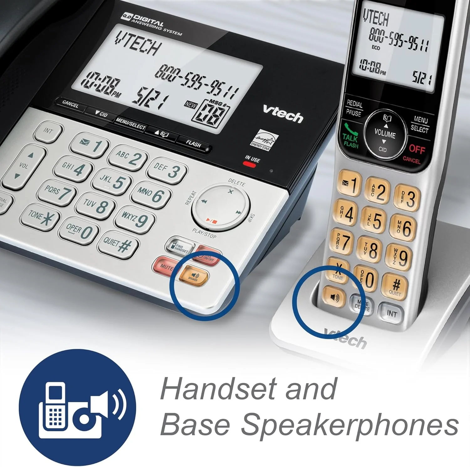 تلفن رومیزی/بی سیم 3 گوشی VTech VG208-3 DECT 6.0 برای منزل با منشی تلفنی، مسدود کردن تماس، نمایشگر شناسه تماس گیرنده، صفحه نمایش بزرگ با نور پس زمینه، بلندگوی دو طرفه، ارتباط داخلی، پشتیبان برق خط (نقره ای/مشکی) تلفن رومیزی/بی سیم 3 گوشی VTech VG208-3 DECT 6.0 برای منزل با منشی تلفنی، مسدود کردن تماس، نمایشگر شناسه تماس گیرنده، صفحه نمایش بزرگ با نور پس زمینه، بلندگوی دو طرفه، ارتباط داخلی، پشتیبان برق خط (نقره ای/مشکی)