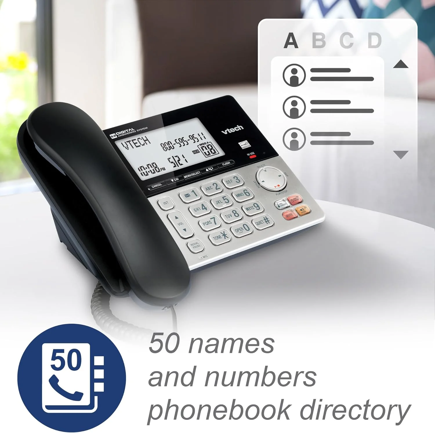 تلفن رومیزی/بی سیم 3 گوشی VTech VG208-3 DECT 6.0 برای منزل با منشی تلفنی، مسدود کردن تماس، نمایشگر شناسه تماس گیرنده، صفحه نمایش بزرگ با نور پس زمینه، بلندگوی دو طرفه، ارتباط داخلی، پشتیبان برق خط (نقره ای/مشکی) تلفن رومیزی/بی سیم 3 گوشی VTech VG208-3 DECT 6.0 برای منزل با منشی تلفنی، مسدود کردن تماس، نمایشگر شناسه تماس گیرنده، صفحه نمایش بزرگ با نور پس زمینه، بلندگوی دو طرفه، ارتباط داخلی، پشتیبان برق خط (نقره ای/مشکی)