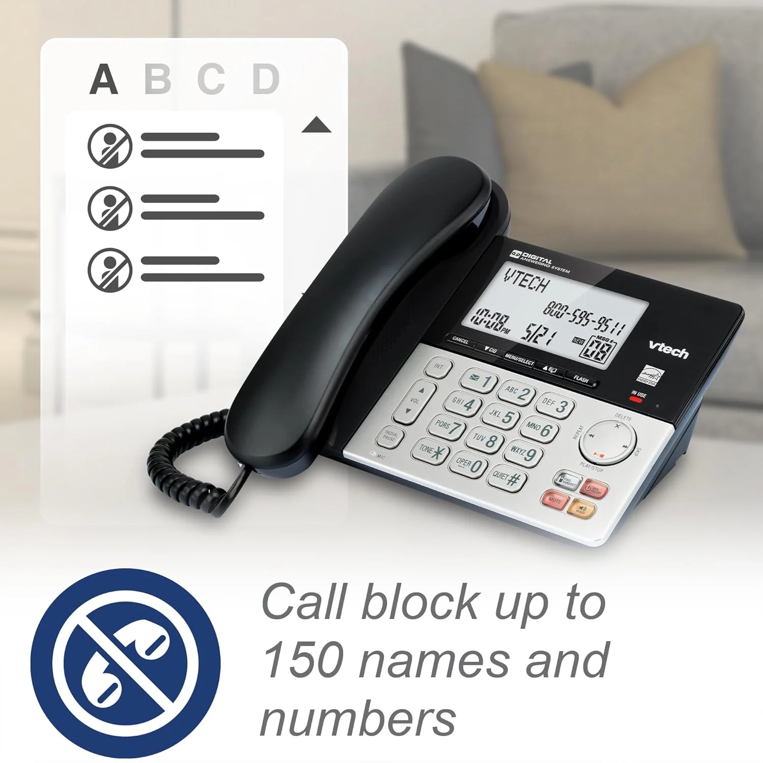 تلفن رومیزی/بی سیم 3 گوشی VTech VG208-3 DECT 6.0 برای منزل با منشی تلفنی، مسدود کردن تماس، نمایشگر شناسه تماس گیرنده، صفحه نمایش بزرگ با نور پس زمینه، بلندگوی دو طرفه، ارتباط داخلی، پشتیبان برق خط (نقره ای/مشکی) تلفن رومیزی/بی سیم 3 گوشی VTech VG208-3 DECT 6.0 برای منزل با منشی تلفنی، مسدود کردن تماس، نمایشگر شناسه تماس گیرنده، صفحه نمایش بزرگ با نور پس زمینه، بلندگوی دو طرفه، ارتباط داخلی، پشتیبان برق خط (نقره ای/مشکی)