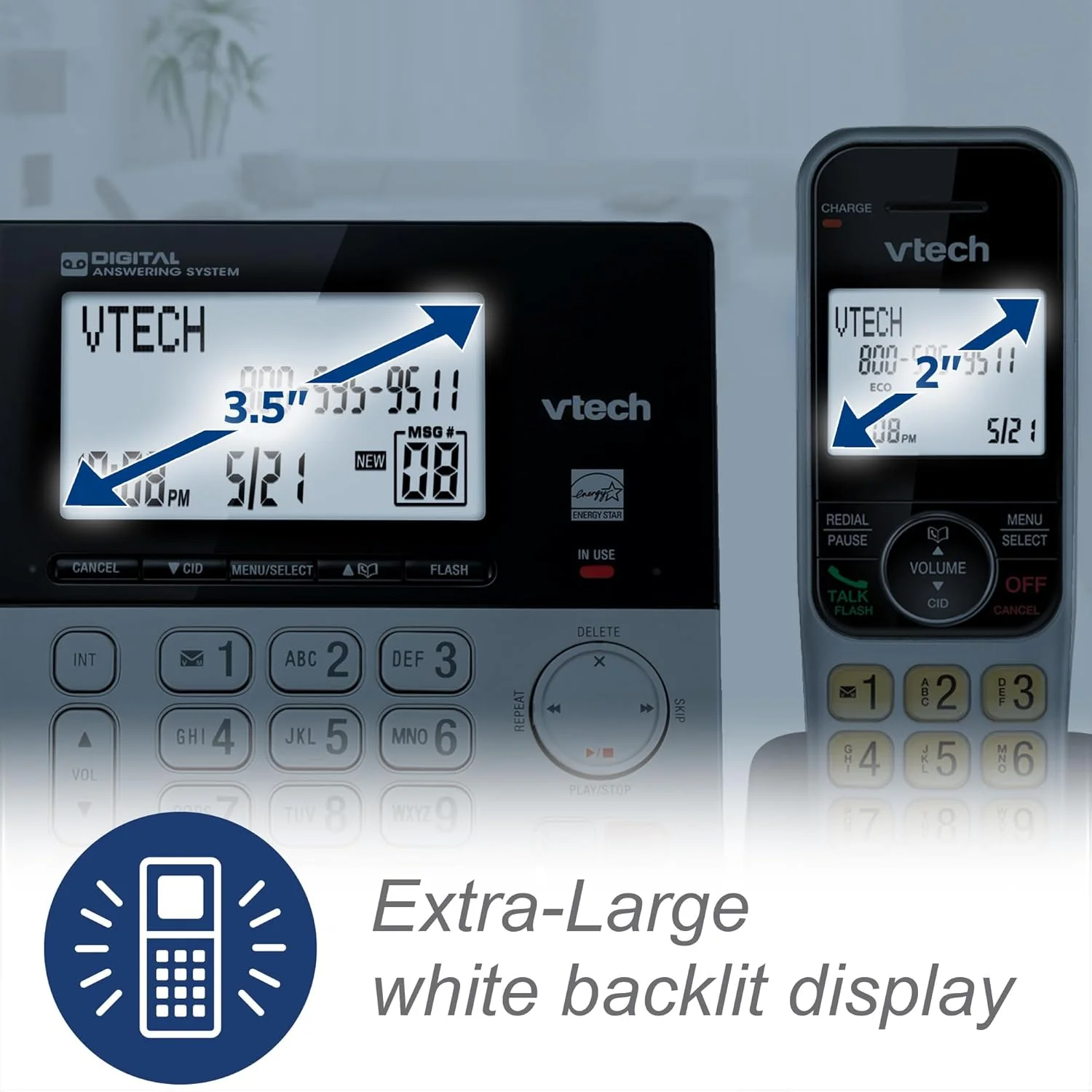 تلفن رومیزی/بی سیم 3 گوشی VTech VG208-3 DECT 6.0 برای منزل با منشی تلفنی، مسدود کردن تماس، نمایشگر شناسه تماس گیرنده، صفحه نمایش بزرگ با نور پس زمینه، بلندگوی دو طرفه، ارتباط داخلی، پشتیبان برق خط (نقره ای/مشکی) تلفن رومیزی/بی سیم 3 گوشی VTech VG208-3 DECT 6.0 برای منزل با منشی تلفنی، مسدود کردن تماس، نمایشگر شناسه تماس گیرنده، صفحه نمایش بزرگ با نور پس زمینه، بلندگوی دو طرفه، ارتباط داخلی، پشتیبان برق خط (نقره ای/مشکی)
