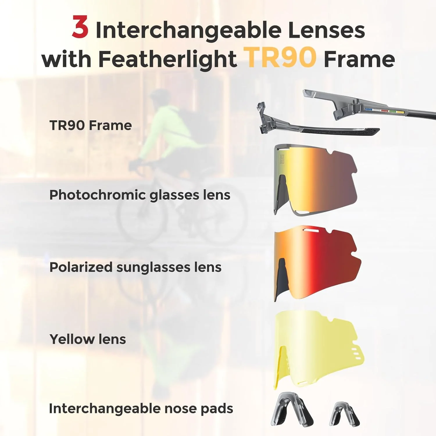 عینک دوچرخه سواری حرفه ای ROCKBROS با 3 لنز REVO قابل تعویض، فتوکرومیک، پلاریزه و زرد عینک دوچرخه سواری حرفه ای ROCKBROS با 3 لنز REVO قابل تعویض، فتوکرومیک، پلاریزه و زرد