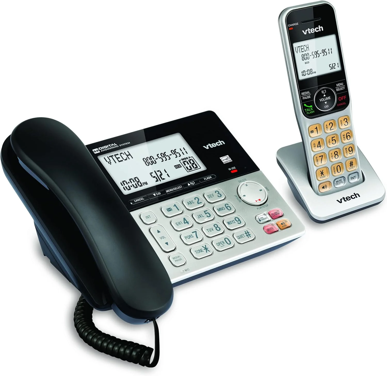 VTech VG208 DECT 6.0 Corded/Cordless Phone for Home with Answering Machine, Call Blocking, Caller ID, Large Backlit Display, Duplex Speakerphone, Intercom, Line-Power(Silver/Black) VTech VG208 DECT 6.0 Corded/Cordless Phone for Home with Answering Machine, Call Blocking, Caller ID, Large Backlit Display, Duplex Speakerphone, Intercom, Line-Power(Silver/Black)
