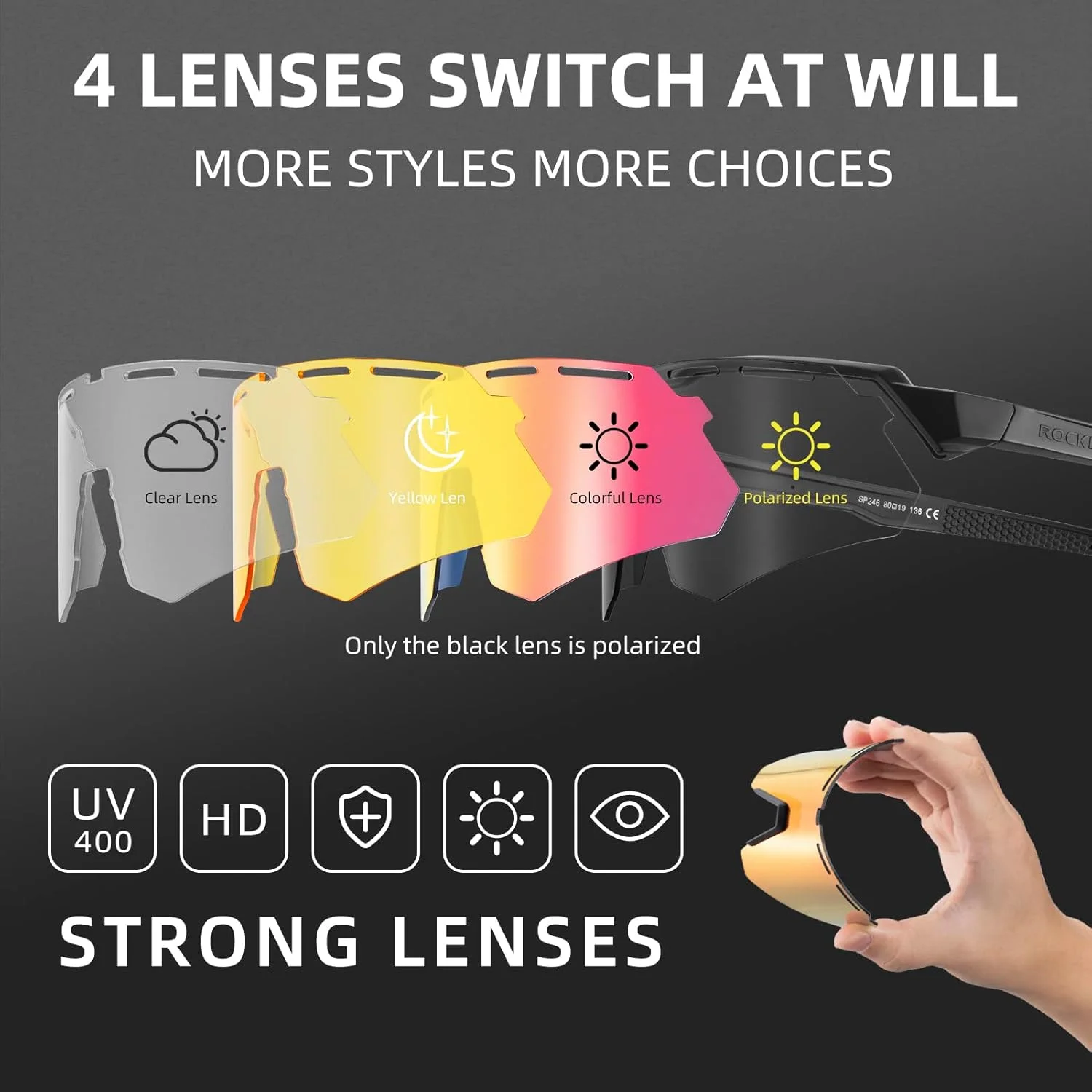 عینک آفتابی ورزشی پلاریزه ROCKBROS، عینک دوچرخه سواری با 4 لنز قابل تعویض UV400، عینک آفتابی بیسبال برای مردان و زنان عینک آفتابی ورزشی پلاریزه ROCKBROS، عینک دوچرخه سواری با 4 لنز قابل تعویض UV400، عینک آفتابی بیسبال برای مردان و زنان