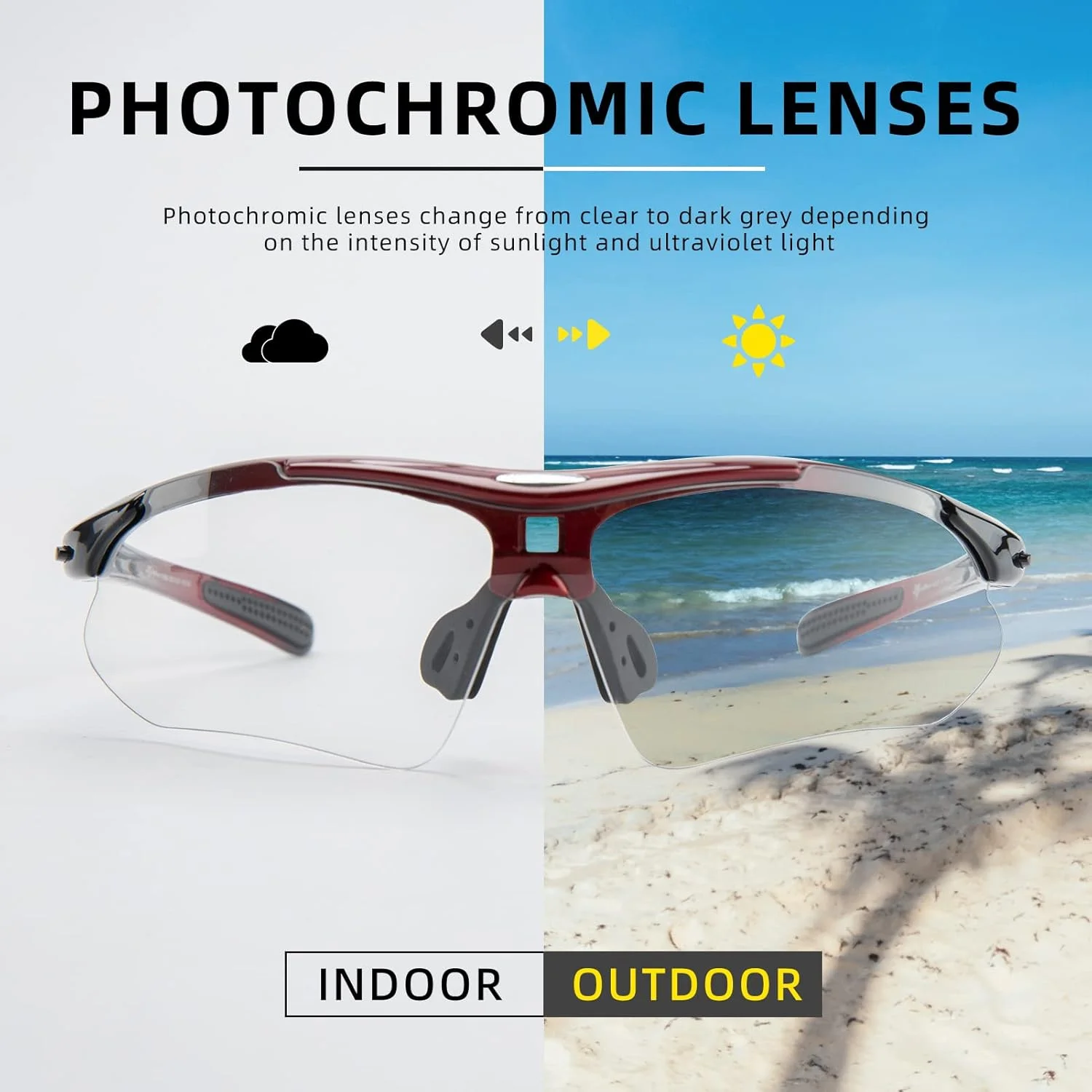 عینک آفتابی فتوکرومیک ورزشی مردانه ROCKBROS، عینک دوچرخه سواری MTB، با بند الاستیک قابل جابجایی عینک آفتابی فتوکرومیک ورزشی مردانه ROCKBROS، عینک دوچرخه سواری MTB، با بند الاستیک قابل جابجایی