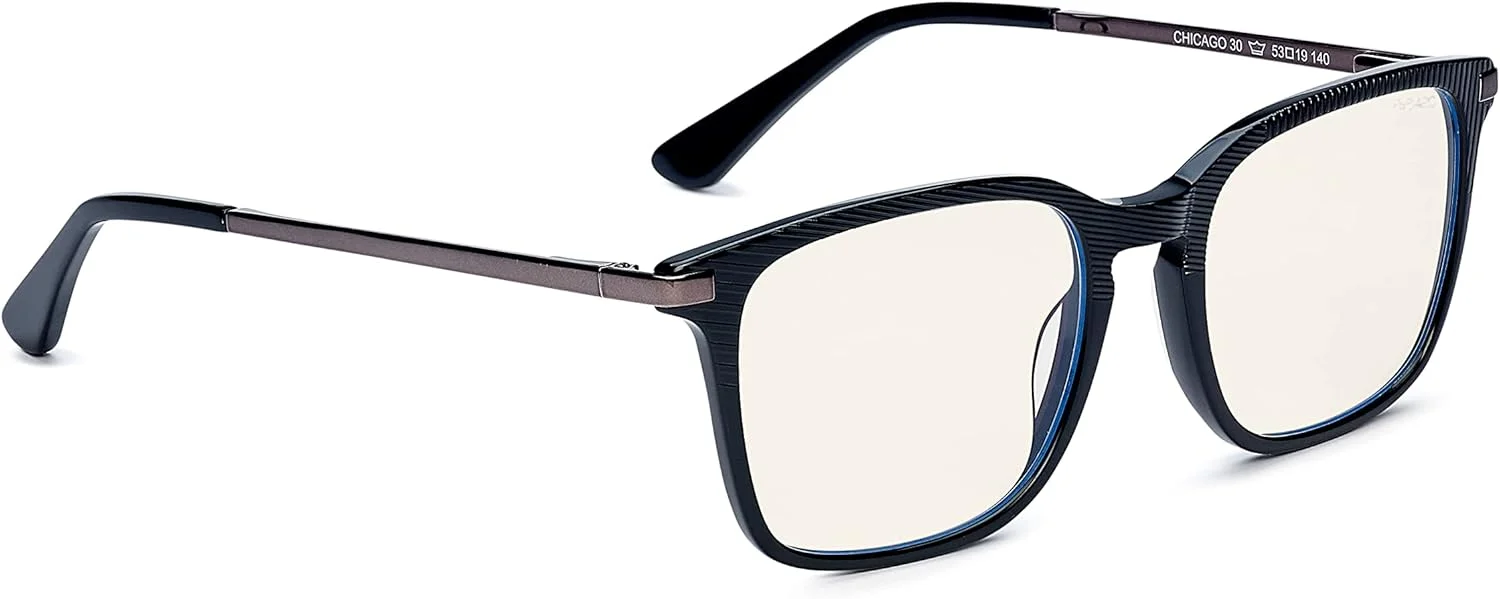 عینک ایمنی Bollé Safety PRBCHIC108 CHICAGO Contrast، لنز PC بی رنگ، فناوری PRB420، مسدود کننده نور آبی، فریم استات مشکی و خاکستری برای مردان