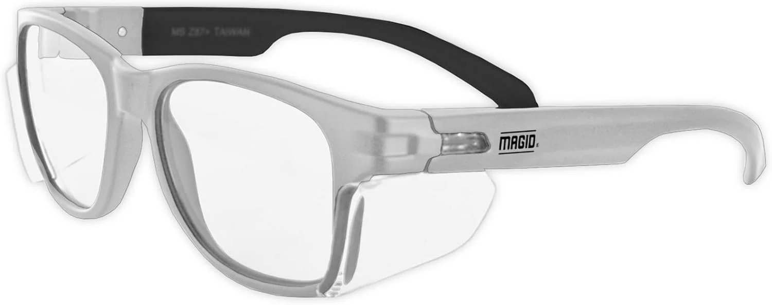 عینک ایمنی شیک سفید رنگ Magid Glove & Safety، یک جفت، عینک محافظ ضربه مطابق با استاندارد ANSI Z87، ضد بخار، مقاوم در برابر خش، محافظت در برابر نور UV، دارای کیف، Y50WHAFC-M-1-1-P