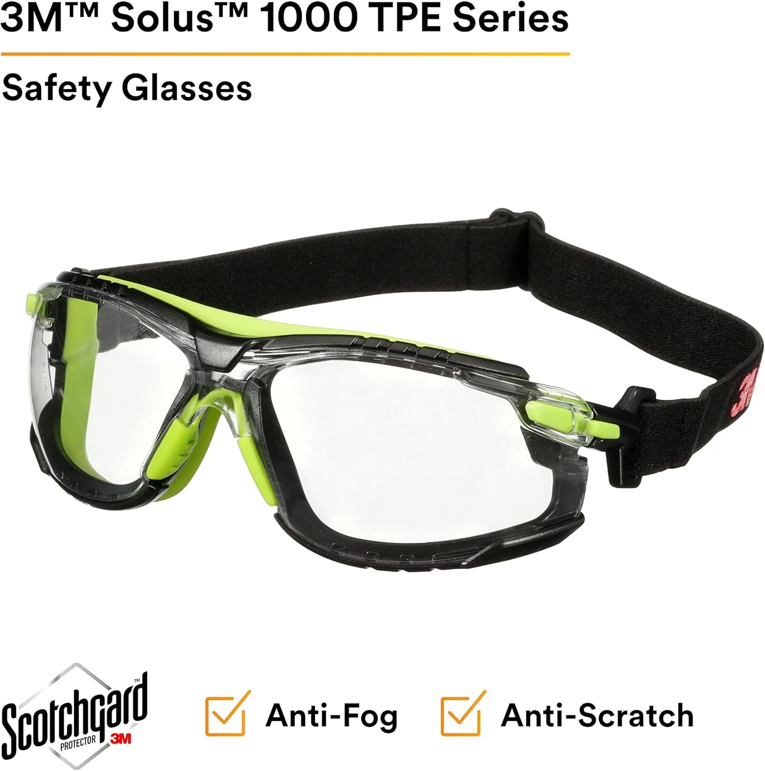 عینک ایمنی سری 1000 3M Solus مدل S1201SGAF-TSKT، سبز/مشکی، پوشش ضد بخار Scotchgard، لنز شفاف AF-AS، فقط TPE/بند