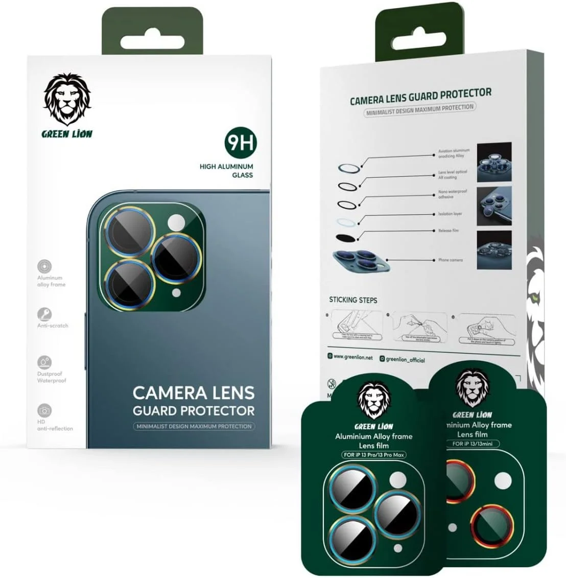 محافظ لنز دوربین موبایل 9H گرین لاین سازگار با آیفون 13 پرو / 13 پرو مکس | محافظ لنز دوربین گوشی ضد گرد و غبار مینیمالیستی / نصب آسان (آبی دریایی/طلایی)