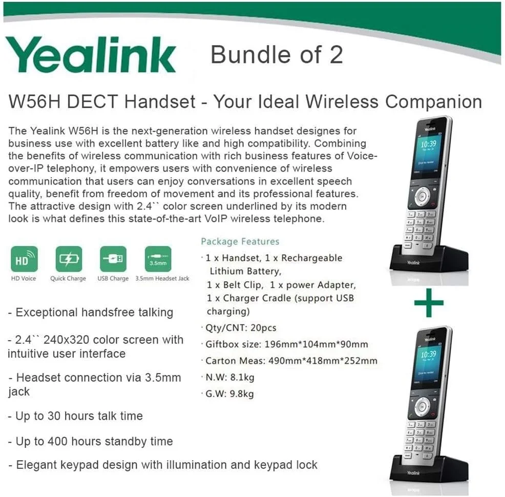 گوشی تلفن ویپ دکت Yealink W56H بسته 2 عددی، صدای HD، شارژ سریع گوشی تلفن ویپ دکت Yealink W56H بسته 2 عددی، صدای HD، شارژ سریع