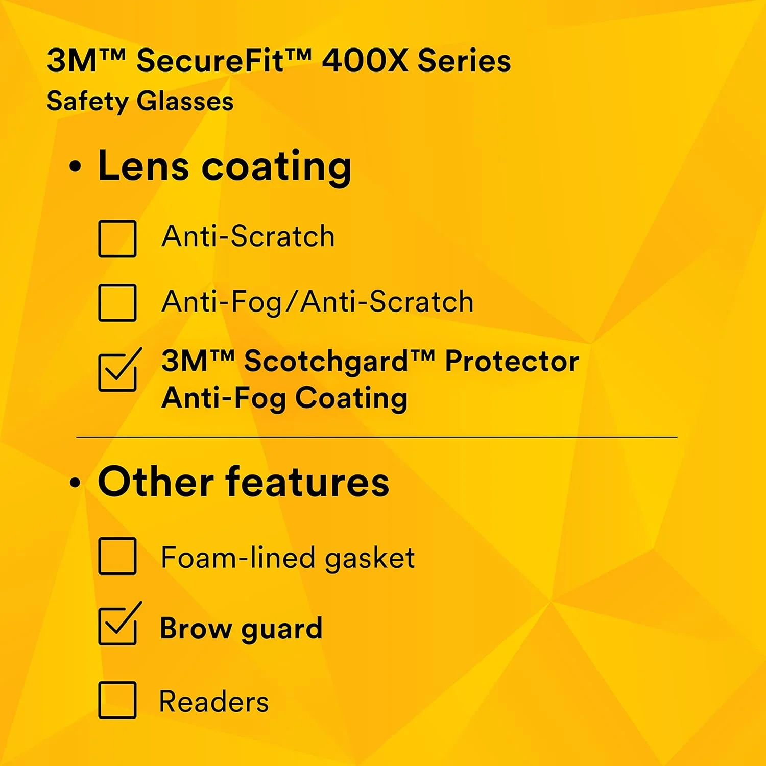 عینک ایمنی سری 400 3M SecureFit، یک جفت، زرد/مشکی، لنز کهربایی Scotchgard ضد بخار/ضد خش، مدل SF403XSGAF-YEL عینک ایمنی سری 400 3M SecureFit، یک جفت، زرد/مشکی، لنز کهربایی Scotchgard ضد بخار/ضد خش، مدل SF403XSGAF-YEL