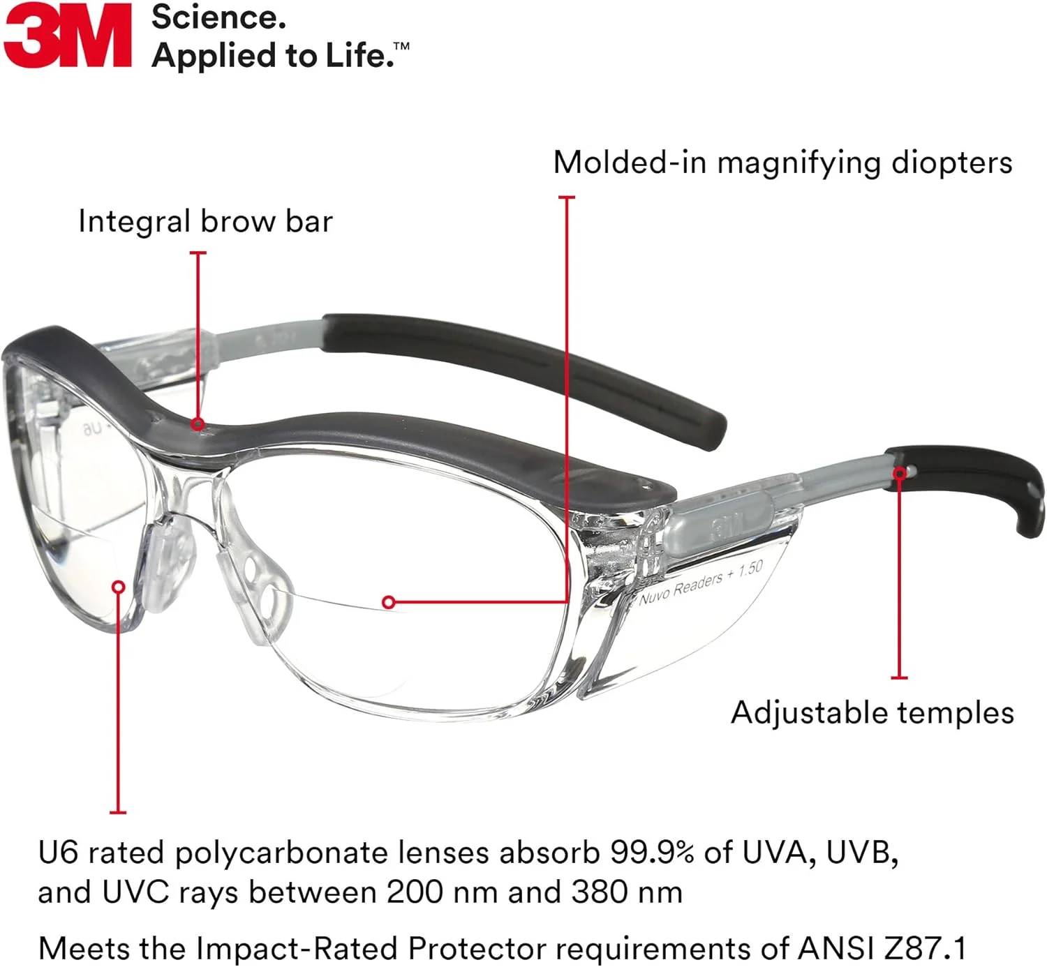 عینک محافظ چشم 3M Nuvo Reader، لنز شفاف، فریم خاکستری، 1.5 دیوپتر (تک عددی)