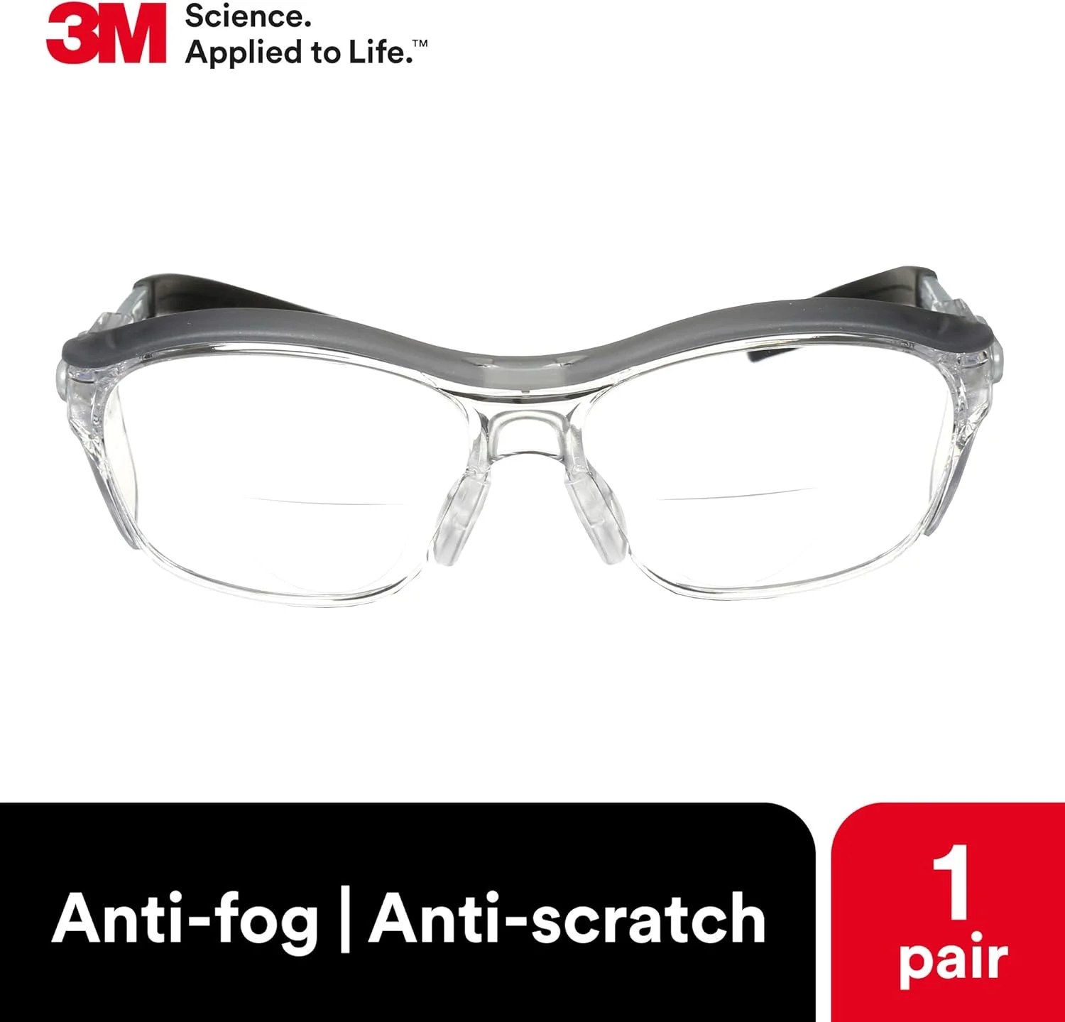 عینک محافظ چشم 3M Nuvo Reader، لنز شفاف، فریم خاکستری، 1.5 دیوپتر (تک عددی)