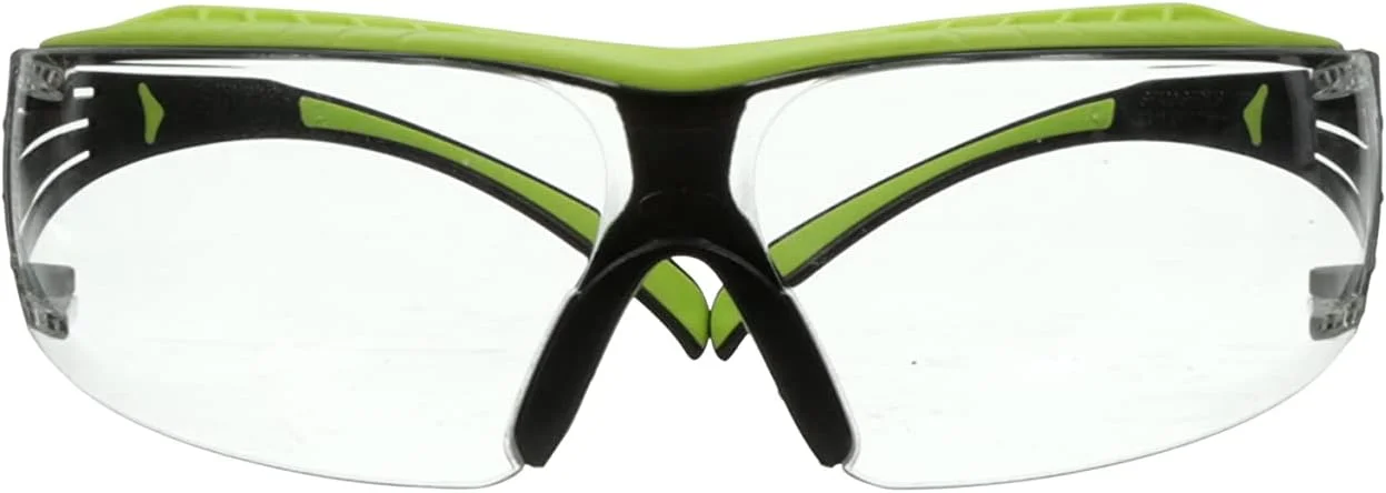 عینک ایمنی 3M، SecureFit 400X، ANSI Z87، لنز شفاف ضد بخار و ضد خش، فریم سبز و مشکی، محافظ ابرو، سبک وزن، پل بینی و نوک دسته های نرم