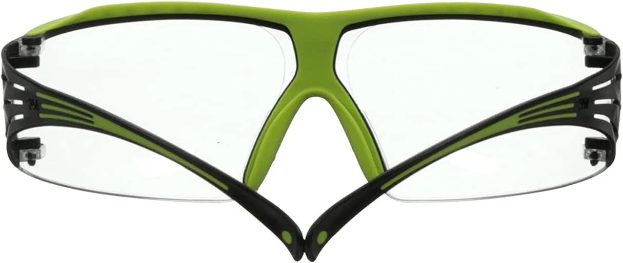 عینک ایمنی 3M، SecureFit 400X، ANSI Z87، لنز شفاف ضد بخار و ضد خش، فریم سبز و مشکی، محافظ ابرو، سبک وزن، پل بینی و نوک دسته های نرم