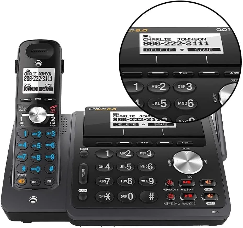 تلفن بی سیم قابل گسترش AT&T TL88102BK با 2 خط، فناوری DECT 6.0، سیستم پاسخگویی و شناسه تماس گیرنده/انتظار تماس دوگانه تلفن بی سیم قابل گسترش AT&T TL88102BK با 2 خط، فناوری DECT 6.0، سیستم پاسخگویی و شناسه تماس گیرنده/انتظار تماس دوگانه