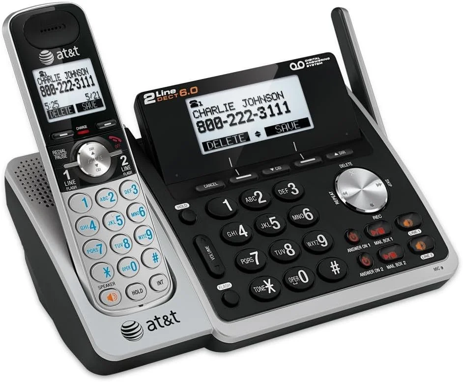 تلفن بی سیم دو خطه قابل ارتقا AT&T TL88102 DECT 6.0 با سیستم پاسخگویی و شناسه تماس گیرنده/انتظار تماس دوگانه، 1 گوشی، نقره ای/مشکی