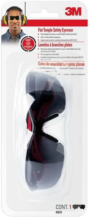 عینک ایمنی با دسته های تخت 3M با لنز مقاوم در برابر خش