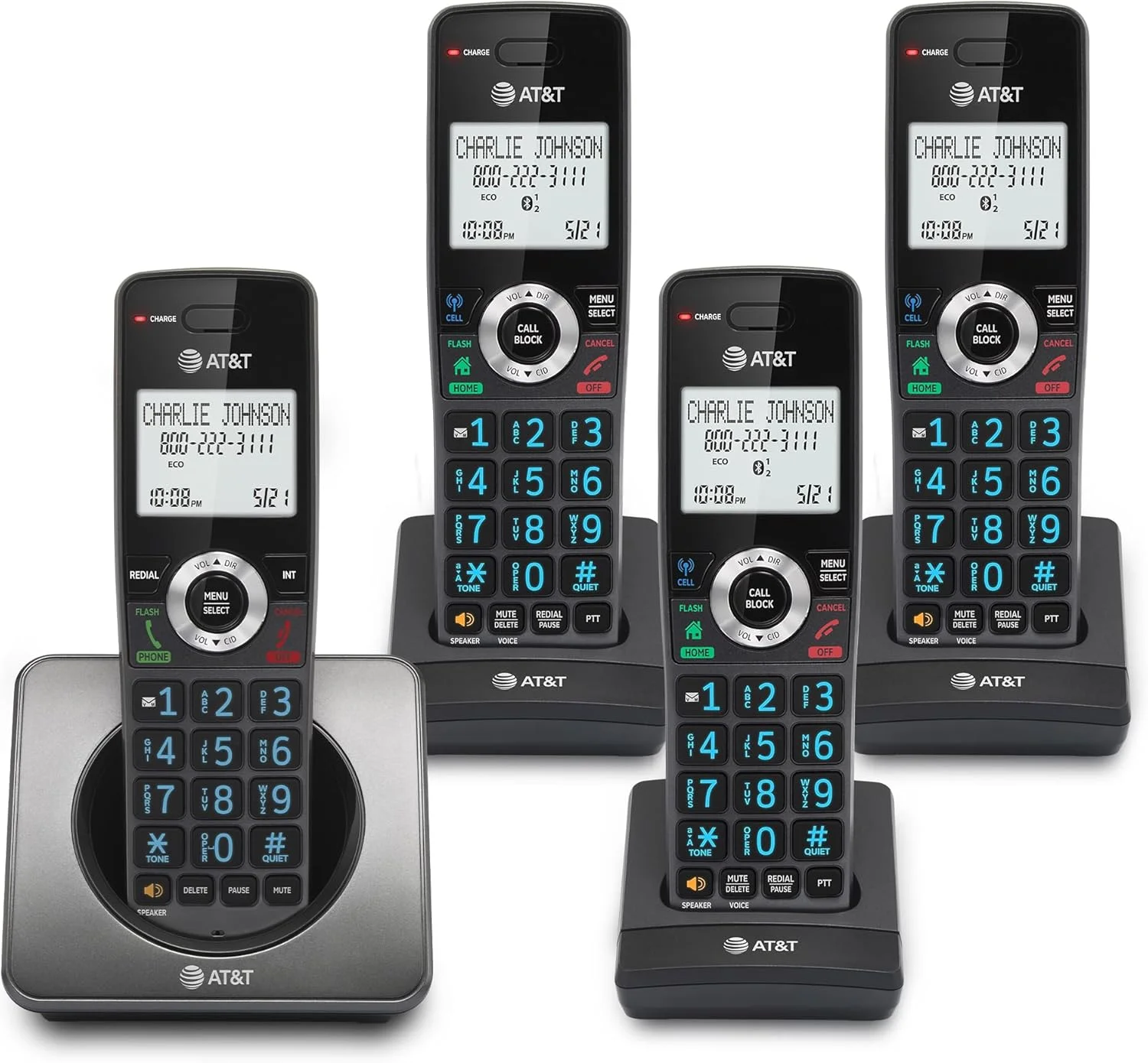 تلفن بی سیم خانگی 4 گوشی AT&T GL2101-4 DECT 6.0 با مسدود کردن تماس، شناسه تماس گیرنده، بلندگوی گوشی با قابلیت مکالمه دو طرفه، صفحه نمایش 2 اینچی با نور پس زمینه سفید، صفحه کلید روشن (گرافیت و مشکی)