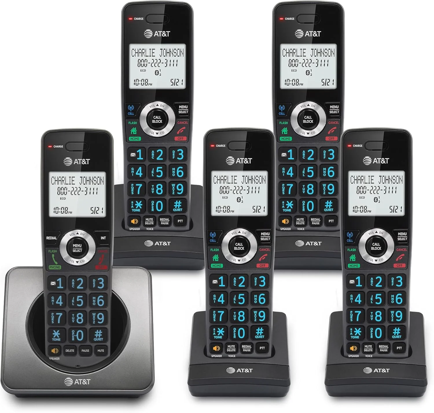 تلفن بی سیم خانگی 5 گوشی AT&T مدل GL2101-5 DECT 6.0 با مسدود کننده تماس، شناسه تماس گیرنده، بلندگوی گوشی با قابلیت دو طرفه، صفحه نمایش 2 اینچی با نور پس زمینه سفید، صفحه کلید روشن (گرافیت و مشکی)