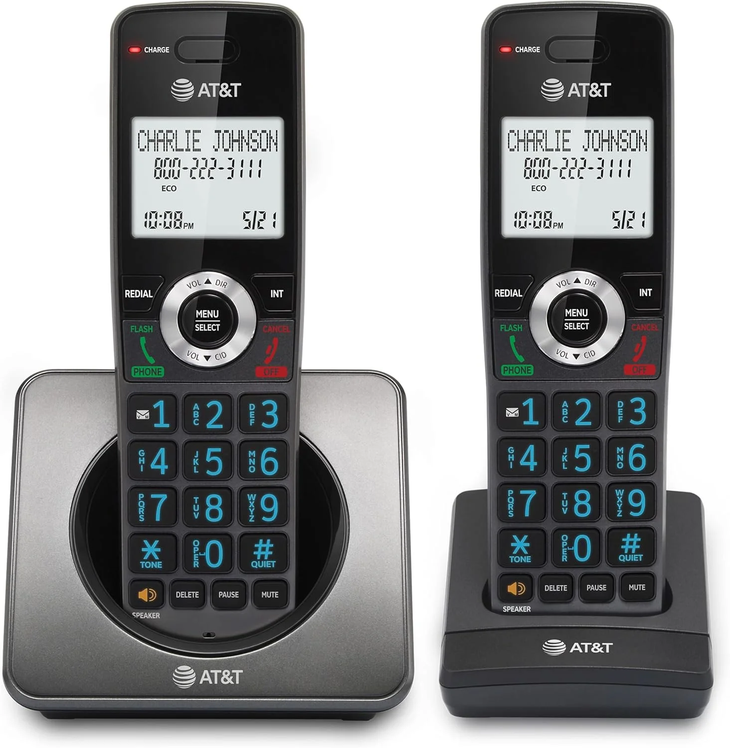 تلفن بی سیم خانگی دو گوشی AT&T GL2101-2 DECT 6.0 با مسدود کننده تماس، شناسه تماس گیرنده، بلندگوی گوشی با قابلیت مکالمه دو طرفه، صفحه نمایش 2 اینچی با نور پس زمینه سفید، صفحه کلید روشن (گرافیت و مشکی)
