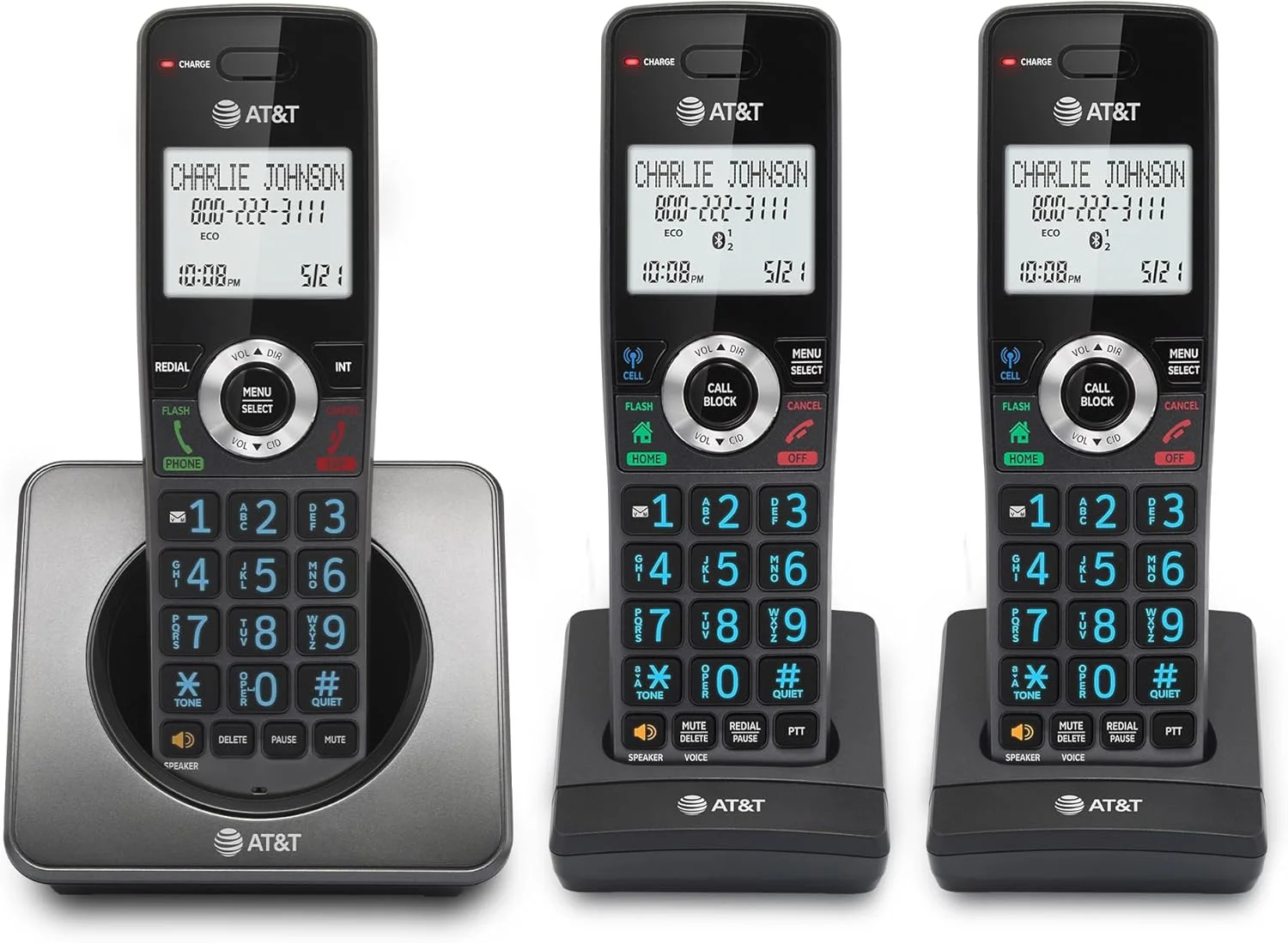 تلفن بی سیم سه گوشی AT&T GL2101-3 DECT 6.0 با قابلیت مسدود کردن تماس، نمایشگر شناسه تماس گیرنده، بلندگوی گوشی با قابلیت مکالمه دو طرفه، صفحه نمایش 2 اینچی با نور پس زمینه سفید، صفحه کلید روشن (گرافیتی و مشکی)