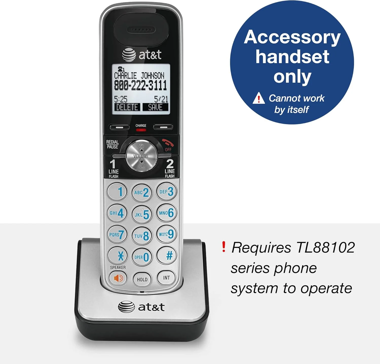 گوشی بی سیم جانبی AT&T مدل TL88002، نقره ای/مشکی | برای کارکردن به یک سیستم تلفن قابل ارتقاء AT&T TL88102 نیاز دارد